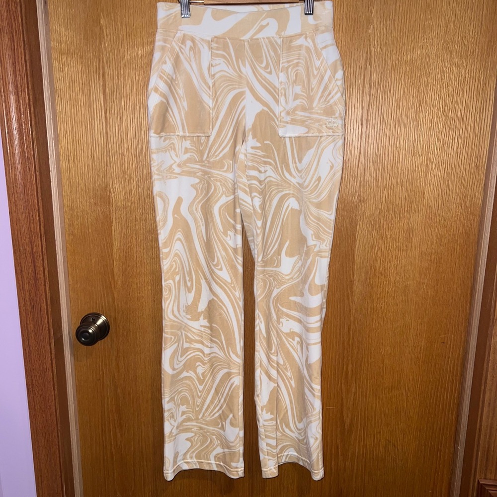 Juicy Couture Velour Pants Womens XS Tan White Marble Swirl‎ Crown Logo Joggers